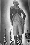 A color guard holding American flags and a banner inscribed with the Nazi swastika stands before an immense portrait of George Washington